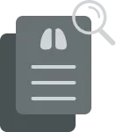 Icon showing two overlapping documents, one with lungs and text lines and a magnifying glass