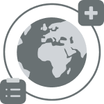 Gray Earth globe centered on Africa with a plus icon and a menu icon around it.