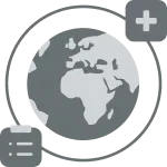 Gray Earth globe centered on Africa with a plus icon and a menu icon around it.