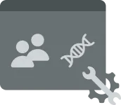 Icon with two person silhouettes, a DNA strand, and crossed wrench and screwdriver tools.