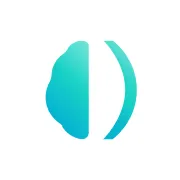 Abstract brain shape in blue with a curved line on a white rounded square background.