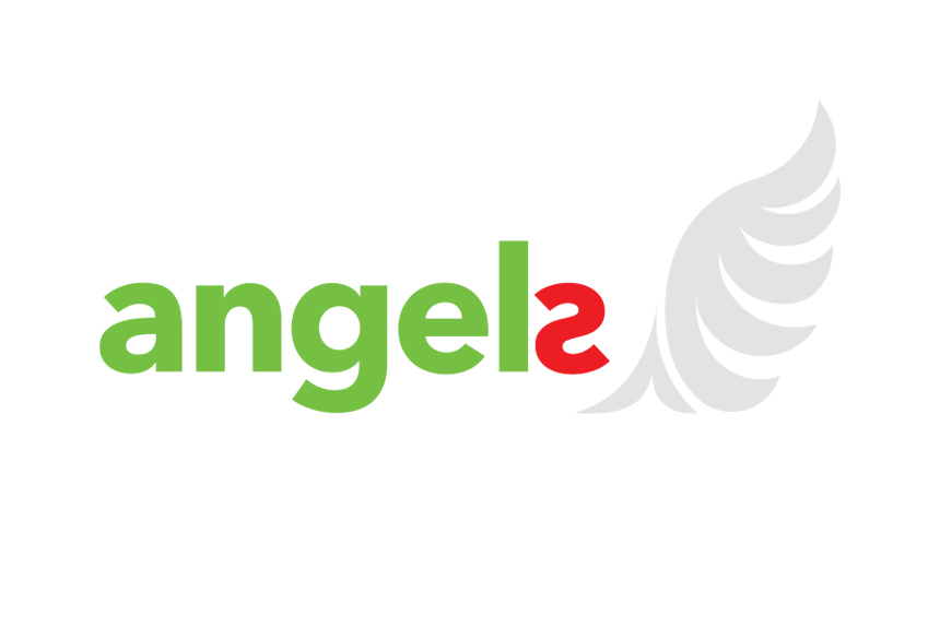 The word angels with green letters and a red letter s, accompanied by a gray stylized wing.