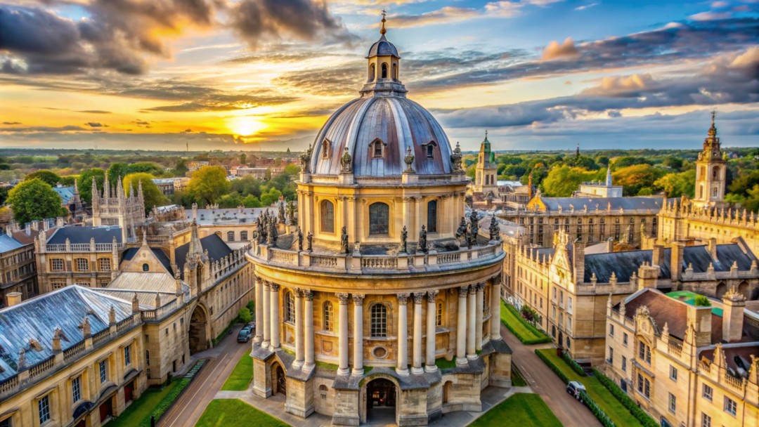 Sunset view of the Radcliffe Camera, a historic circular building in Oxford surrounded by university buildings.