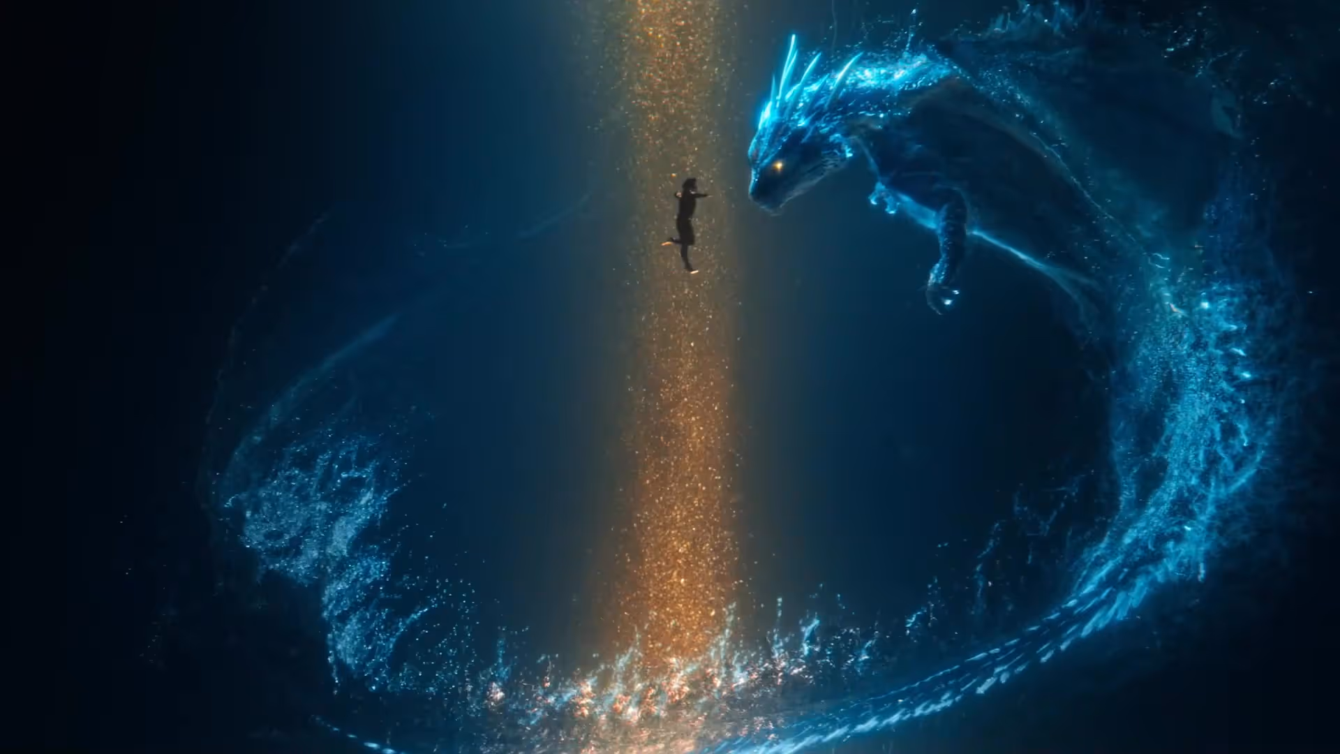 blue dragon confronting man underwater