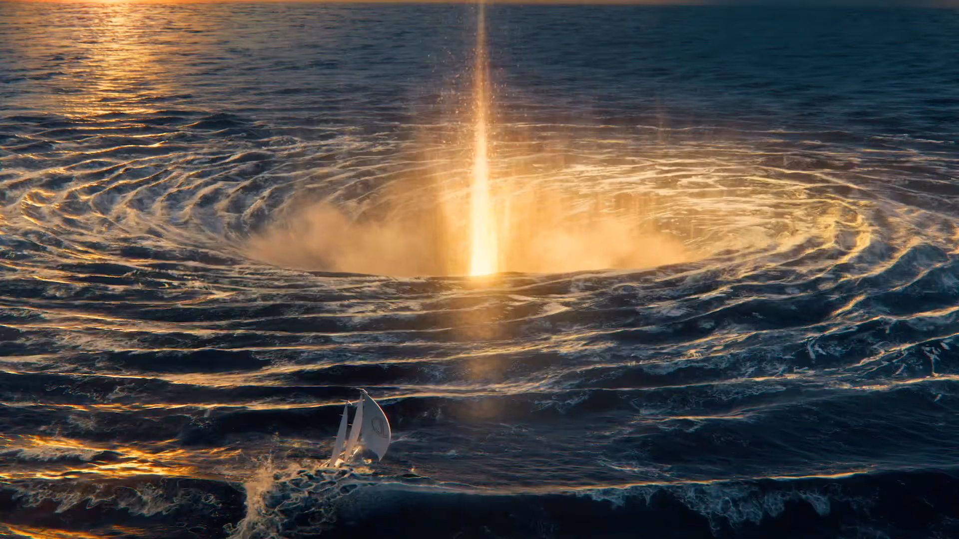 yacht sailing toward golden light from whirlpool in ocean