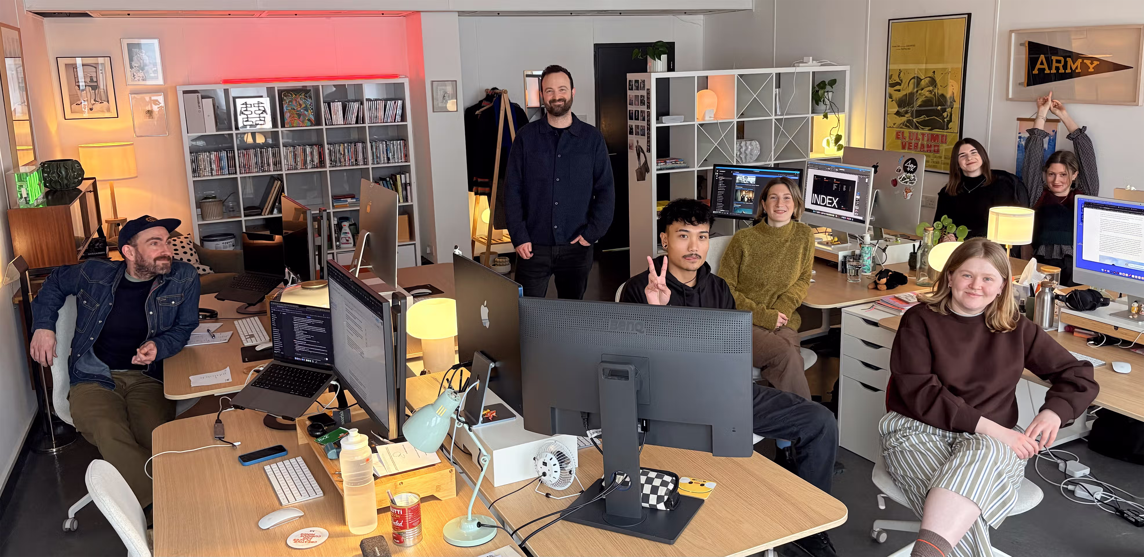 Wide angle shot of the In Development team inside the studio