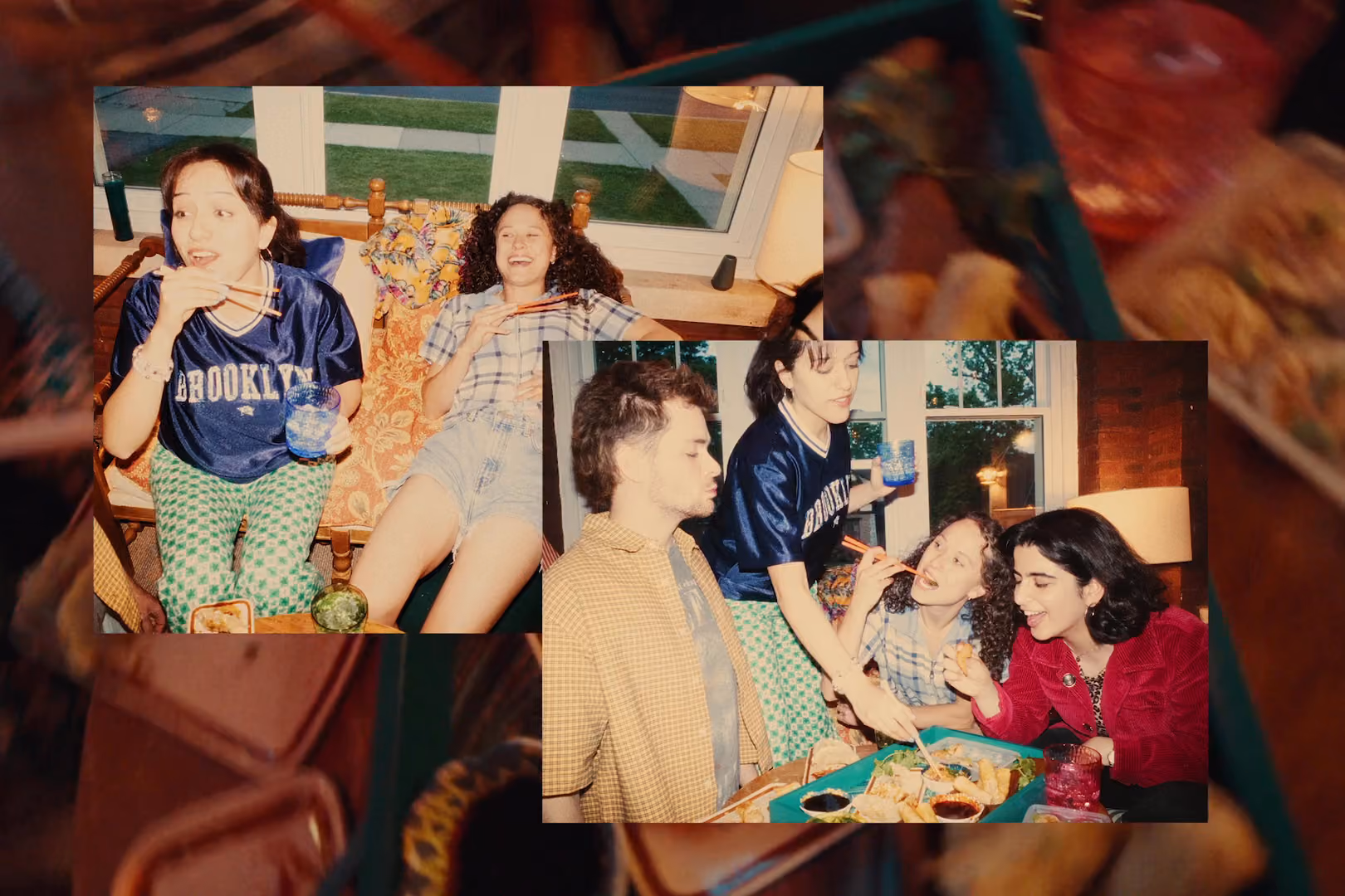 Two overlaid photos over a blurry image. One image shows two women sat on a sofa with chopsticks in their hands. The other image shows four friends eating together around a table.