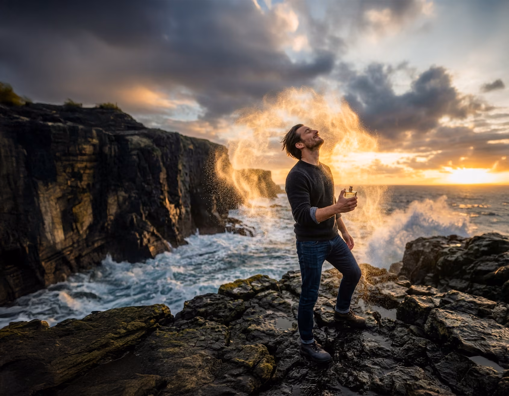 An AI-generated image of a man standing on coastal rocks as a wave breaks into a burst of fire behind him.