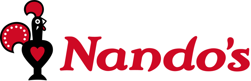 Nando's logo with red and black stylized rooster and the name in red script font.