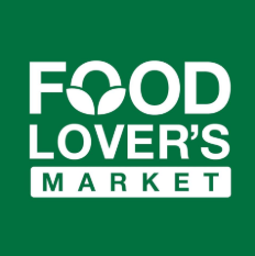 Food Lover's Market logo with white text and a circular leaf design on a green background.