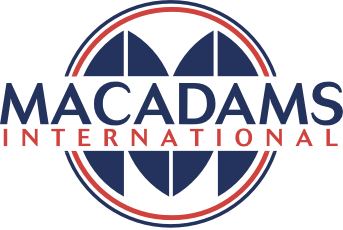 MacAdams International company logo with a stylized circular design and blue text.