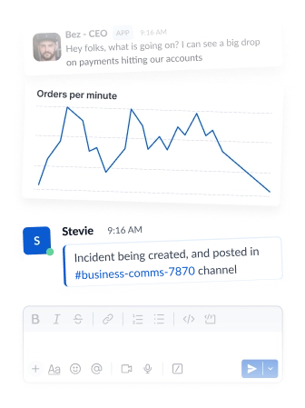 Chat message from Bez, CEO, noting a big drop in payments hitting accounts, with a line graph titled 'Orders per minute' showing a peak followed by a sharp decline, and a partially visible chat input box below.