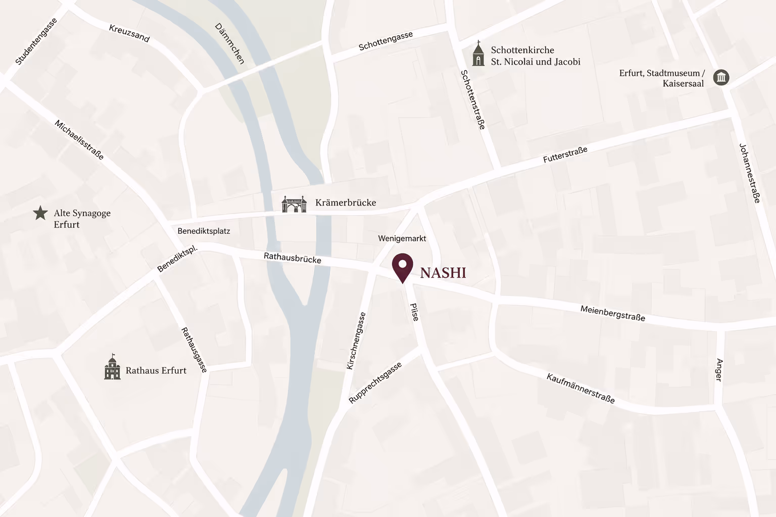 Map of the center of Erfurt in Germany with roads and signs from NASHI am Wenigemarkt.