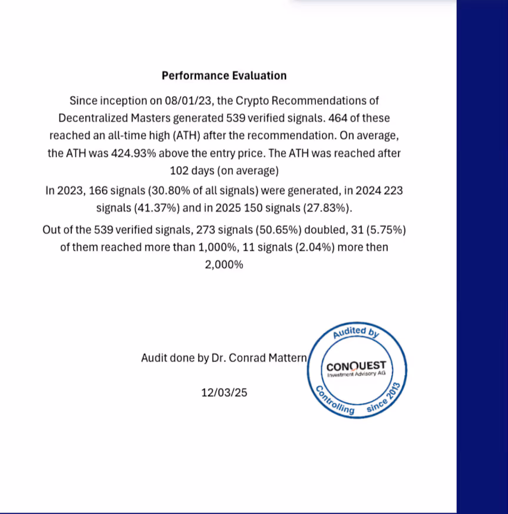 CONQUEST Investment Advisory AG performance evaluation certificate signed by Dr. Conrad Mattern, dated 12/03/25, with official audit stamp