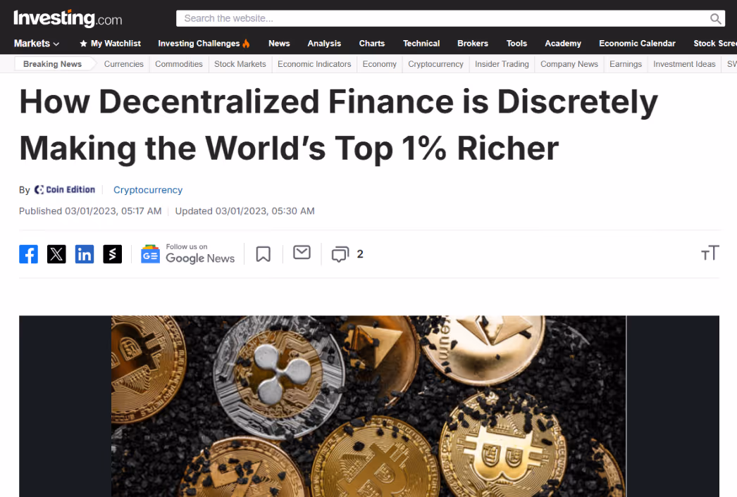 Investing.com article — How decentralized finance is making the world's top 1% richer
