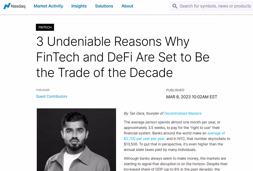 Nasdaq article — 3 reasons why FinTech and DeFi are set to be the trade of the decade