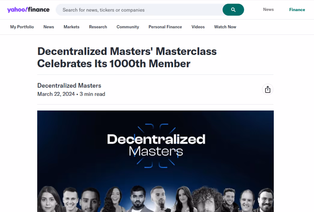 Yahoo Finance article — Decentralized Masters masterclass celebrates its 1000th member