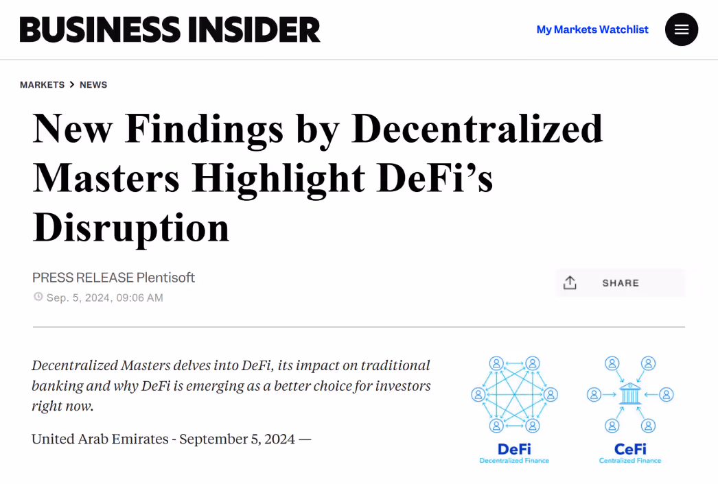 Business Insider article — Decentralized Masters highlights DeFi's disruption of traditional finance