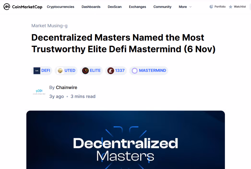CoinMarketCap article — Decentralized Masters named most trustworthy elite DeFi mastermind