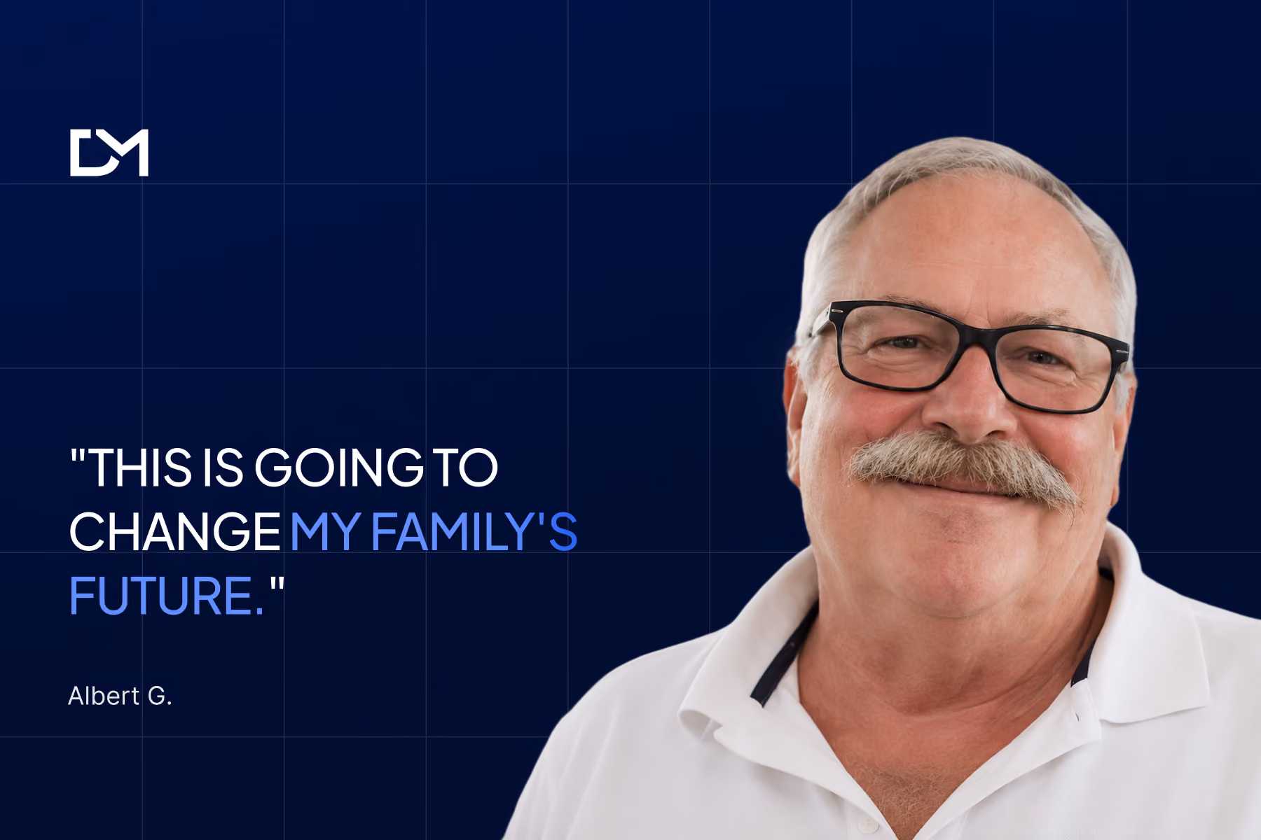 Thumbnail featuring the quote "This is going to change my family's future." alongside Albert G. smiling in a white polo shirt and glasses against a blue background with Decentralized Masters branding.