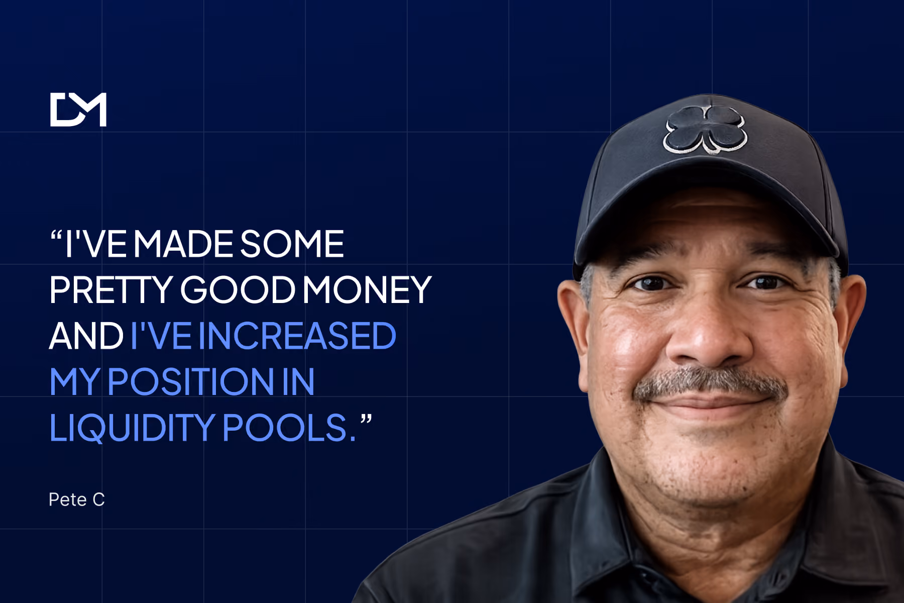 Pete C., a man wearing a dark baseball cap and black shirt, smiling at the camera against a blue digital background.
