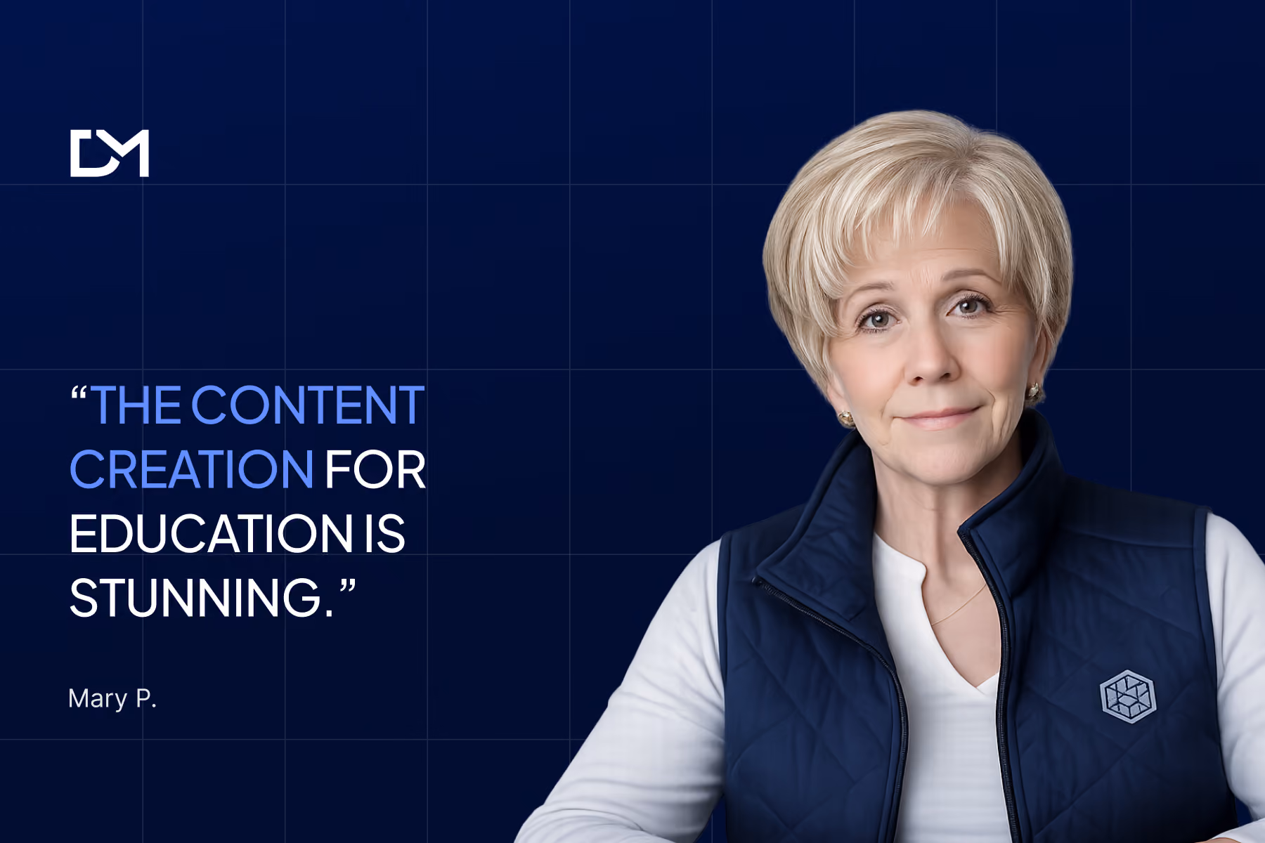 Mary P., an older woman with short light blonde hair, wearing a navy vest over a white top and looking at the camera against a blue digital background.