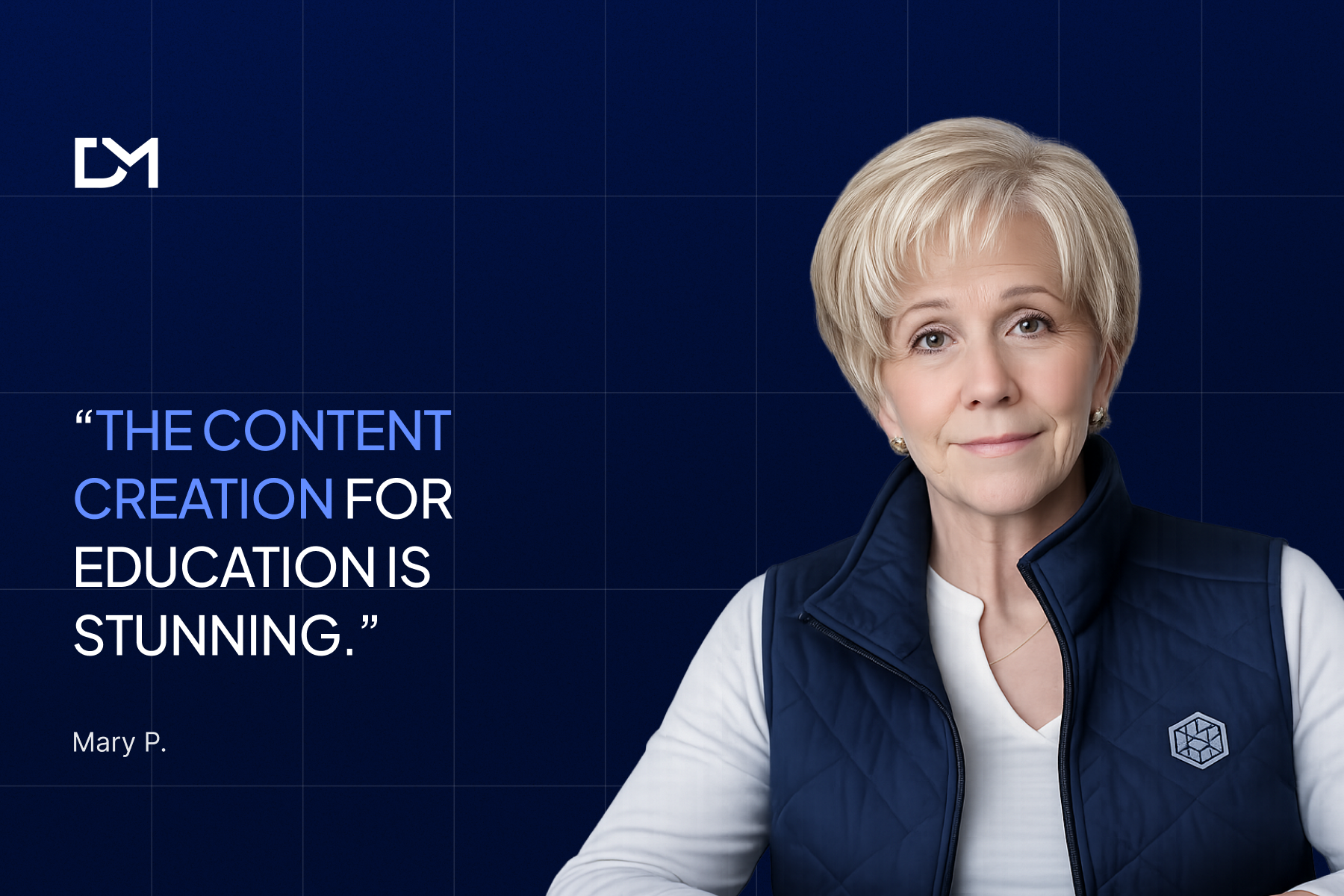 Mary P., an older woman with short light blonde hair, wearing a navy vest over a white top and looking at the camera against a blue digital background.