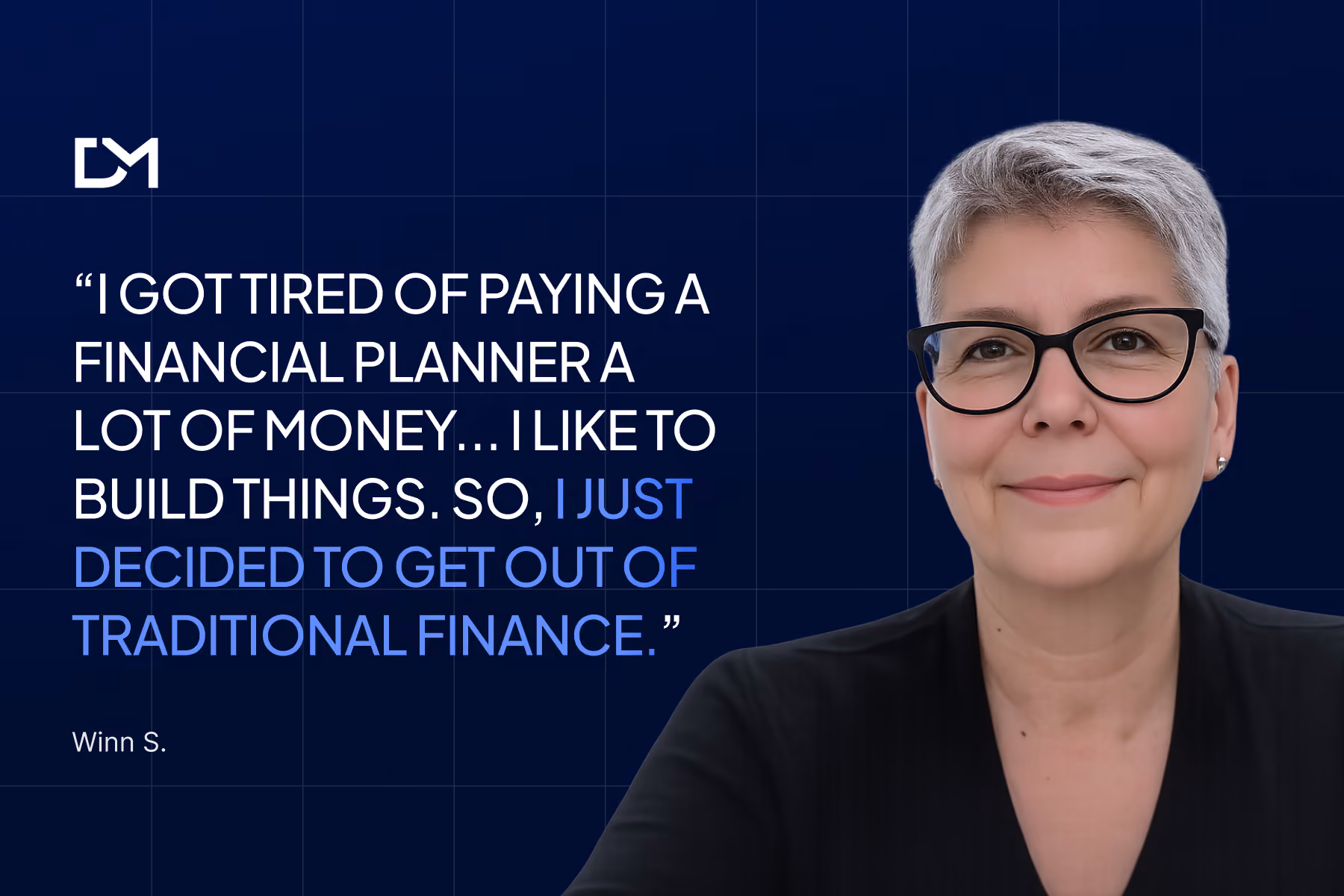 Winn S., a woman with short gray hair and black glasses, wearing a black top and looking at the camera against a blue digital background.