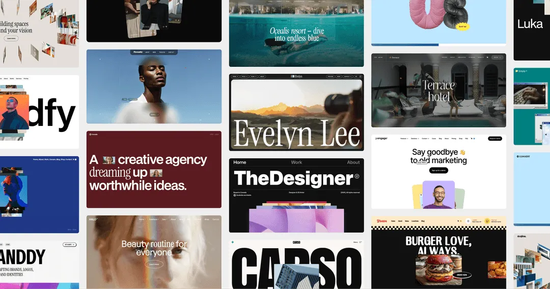 Collage of website homepage designs showcasing creative agencies, portfolios, and brands.