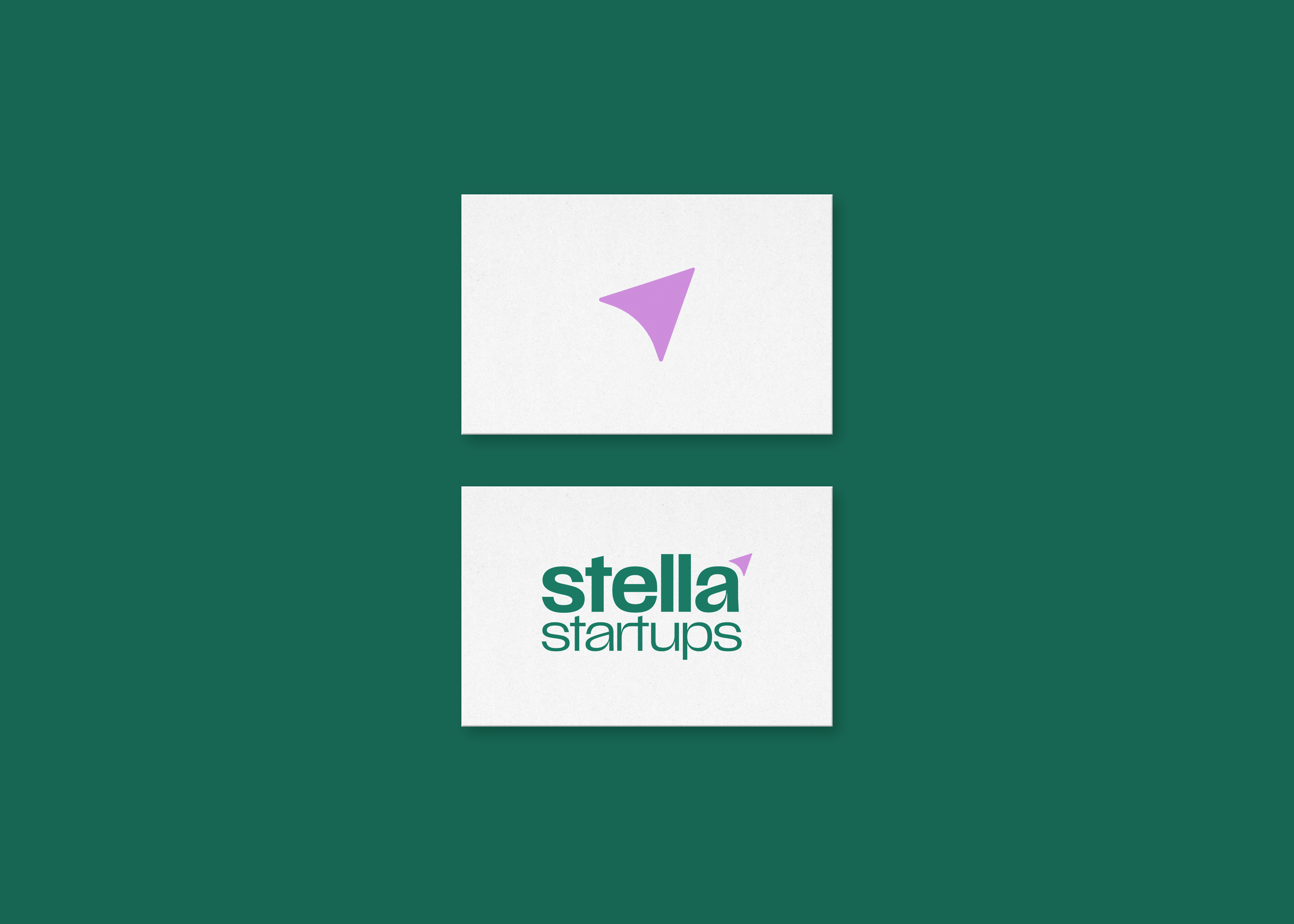 Two white business cards on green background, one with purple paper plane, one with Stella Startups logo.