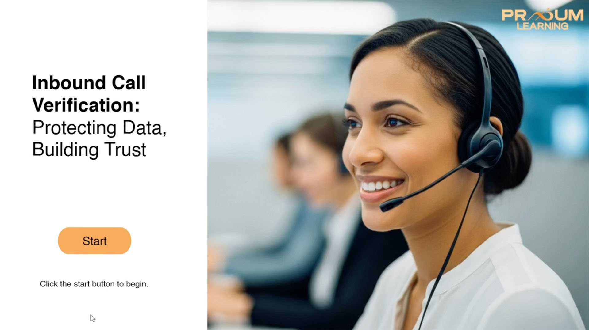 Smiling woman wearing headset in call center with text on left about inbound call verification.