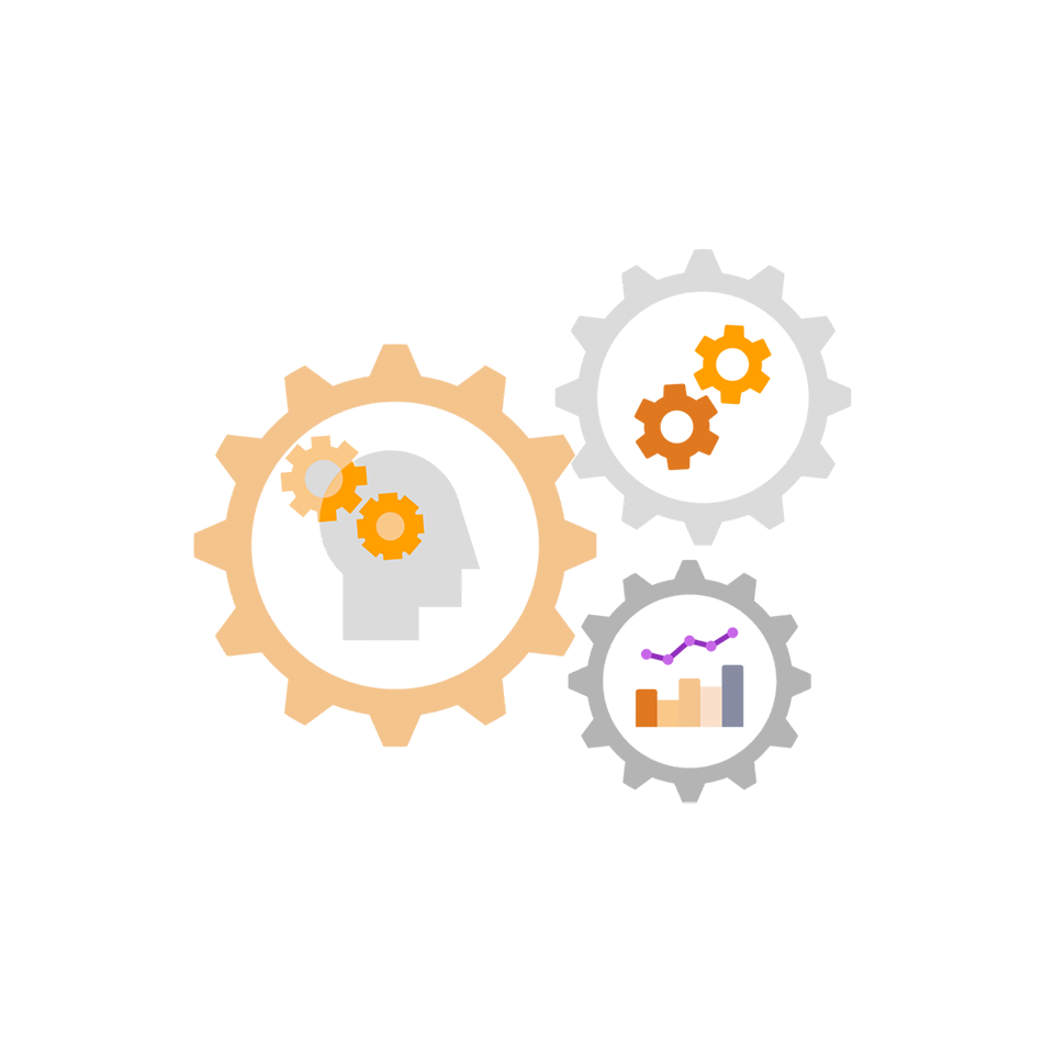 Three interlocking gears with icons of a head, smaller gears, and bar chart inside them.