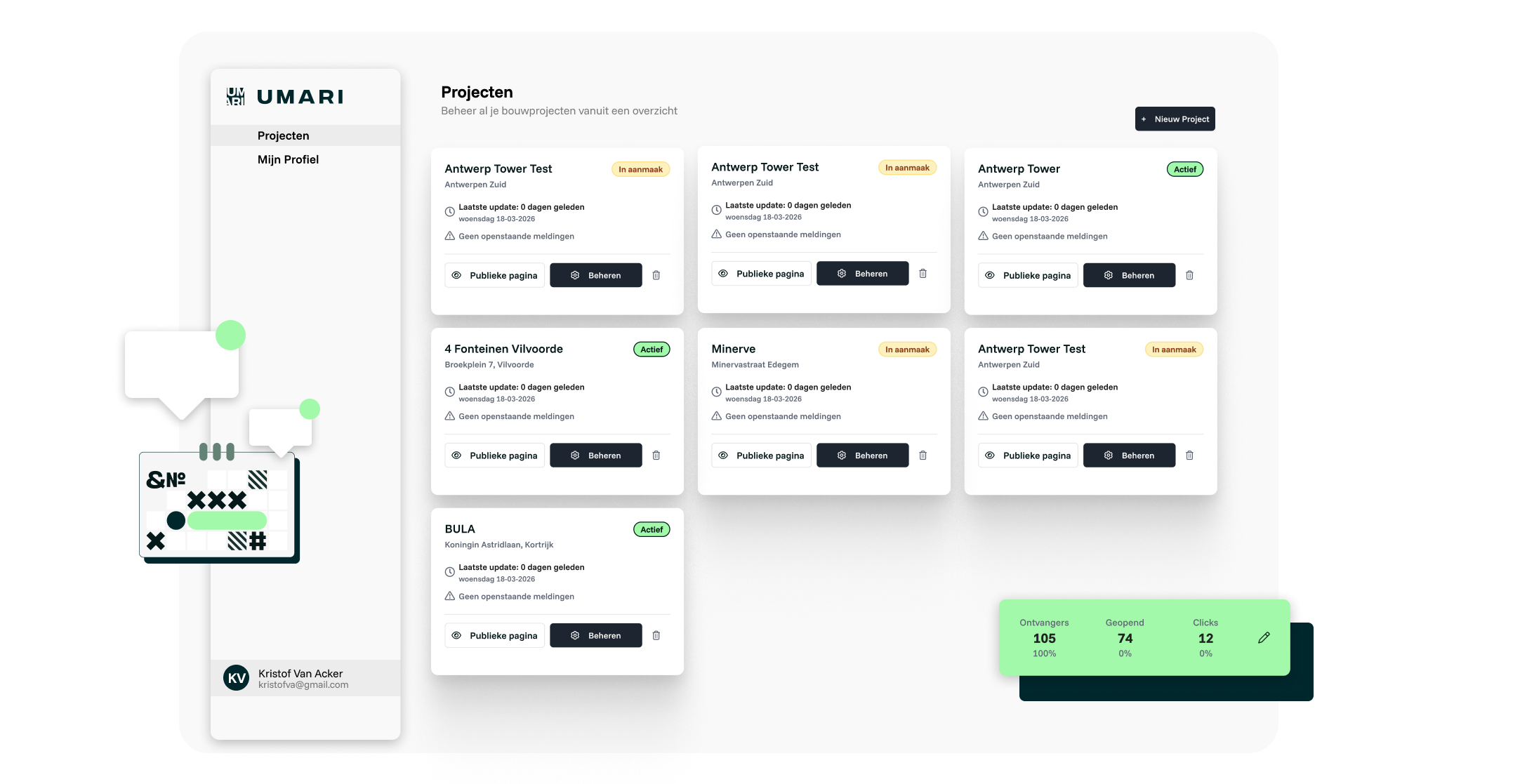 Dashboard van Umari toont projectbeheer met meerdere projecten en statussen in een overzicht.