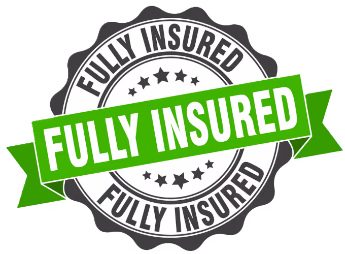 Seal stamp with the text 'FULLY INSURED' repeated around and across it in black and green colors.