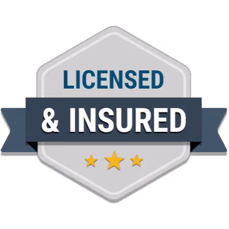 Shield emblem with a ribbon reading 'Licensed & Insured' and three gold stars below.