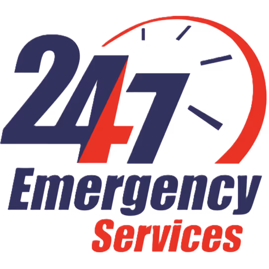 Logo featuring '24/7 Emergency Services' with a red and blue clock design indicating round-the-clock availability.