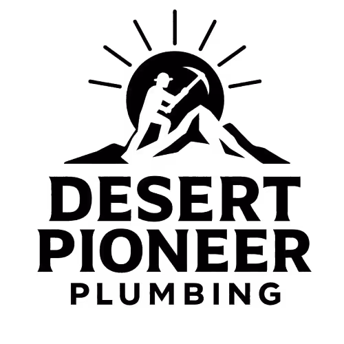 Logo of Desert Pioneer Plumbing featuring a person climbing a mountain with a sun and rays in the background above the company name in bold letters.