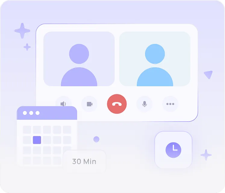 Illustration of a video call interface with two participants, a calendar showing a 30-minute meeting, and a clock icon.