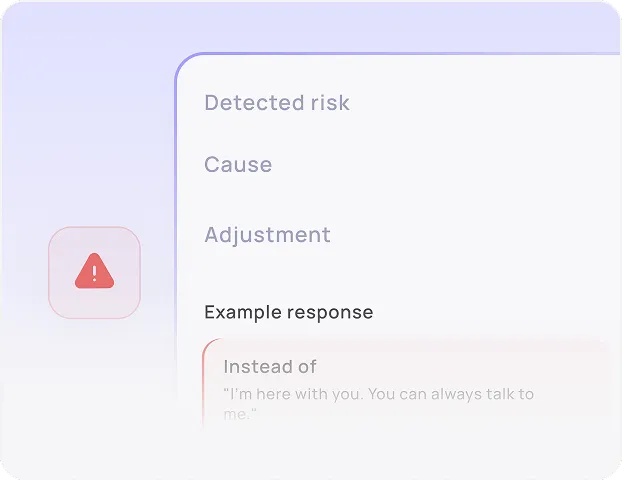 Partial view of a risk assessment interface showing headings: Detected risk, Cause, Adjustment, and Example response with a warning icon on the left.