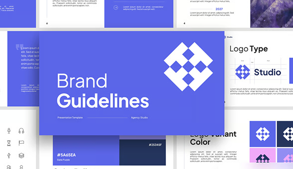 Brand guidelines presentation slides with a blue and white logo and color palette samples.
