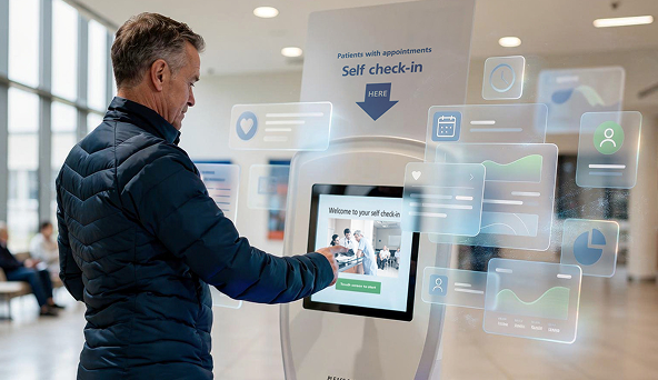 Man using a self check-in kiosk with virtual healthcare icons in a bright, modern medical facility.