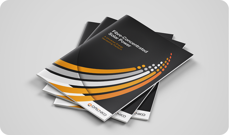 Stack of marketing brochures with orange and white designs titled Fibre-Concentrated Solar Power by ORENKO.
