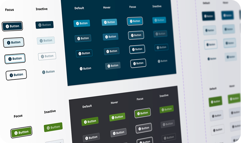 Grid of button styles showing states: default, hover, focus, and inactive in various colors.
