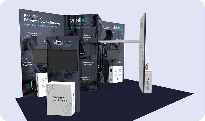 Event stand display for Vital Hub UK featuring patient flow solutions and digital healthcare technology.