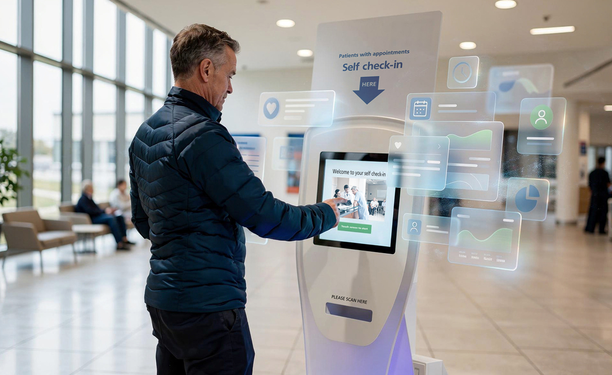 Man using a self check-in kiosk in a medical facility lobby with info icons floating around the screen.