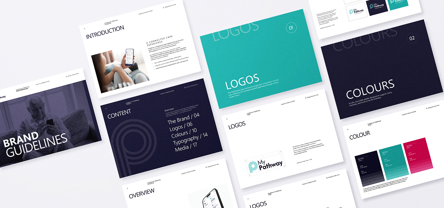 Multiple brand guideline pages showing logos, colors, content list, introduction, and overview layouts.