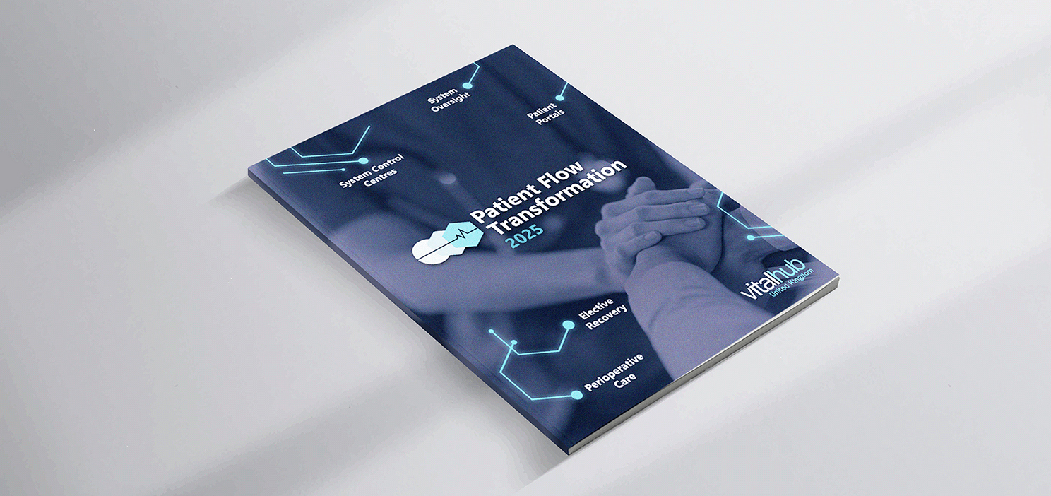 Brochure titled 'Patient Flow Transformation 2025' with healthcare-related terms and two hands holding.