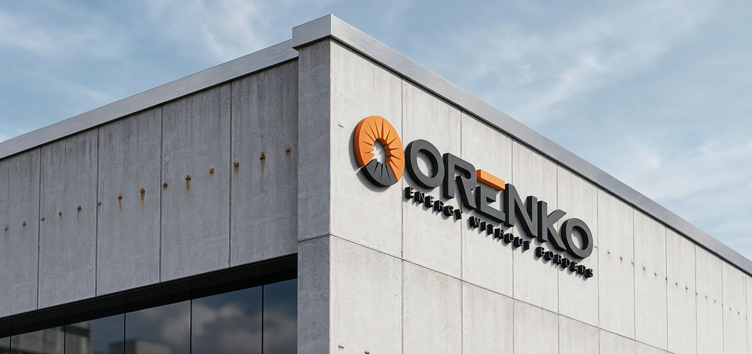 Concrete building corner with ORENKO logo and tagline Energy Without Borders under cloudy sky.