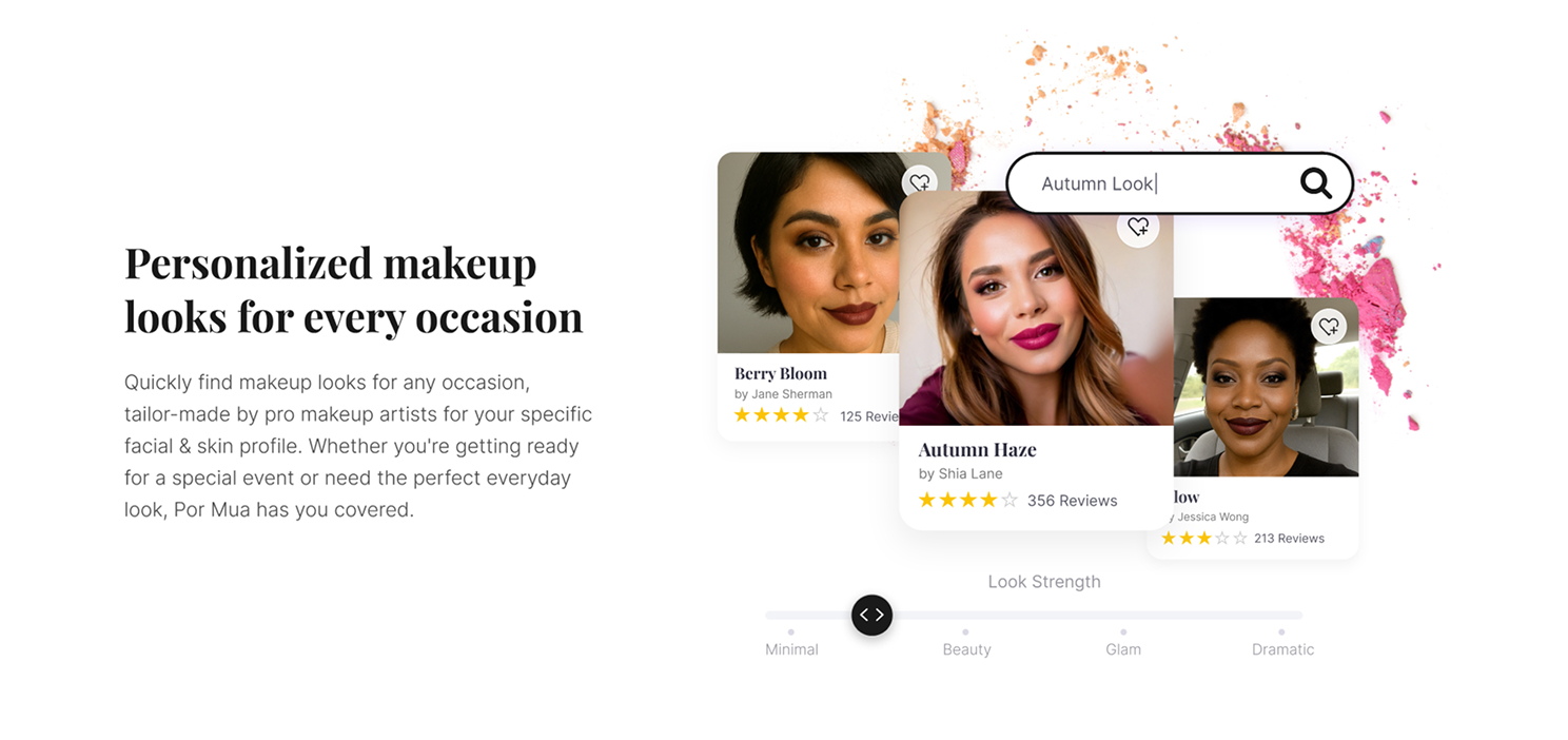 Makeup app interface showing diverse women with makeup looks and search for Autumn Look.