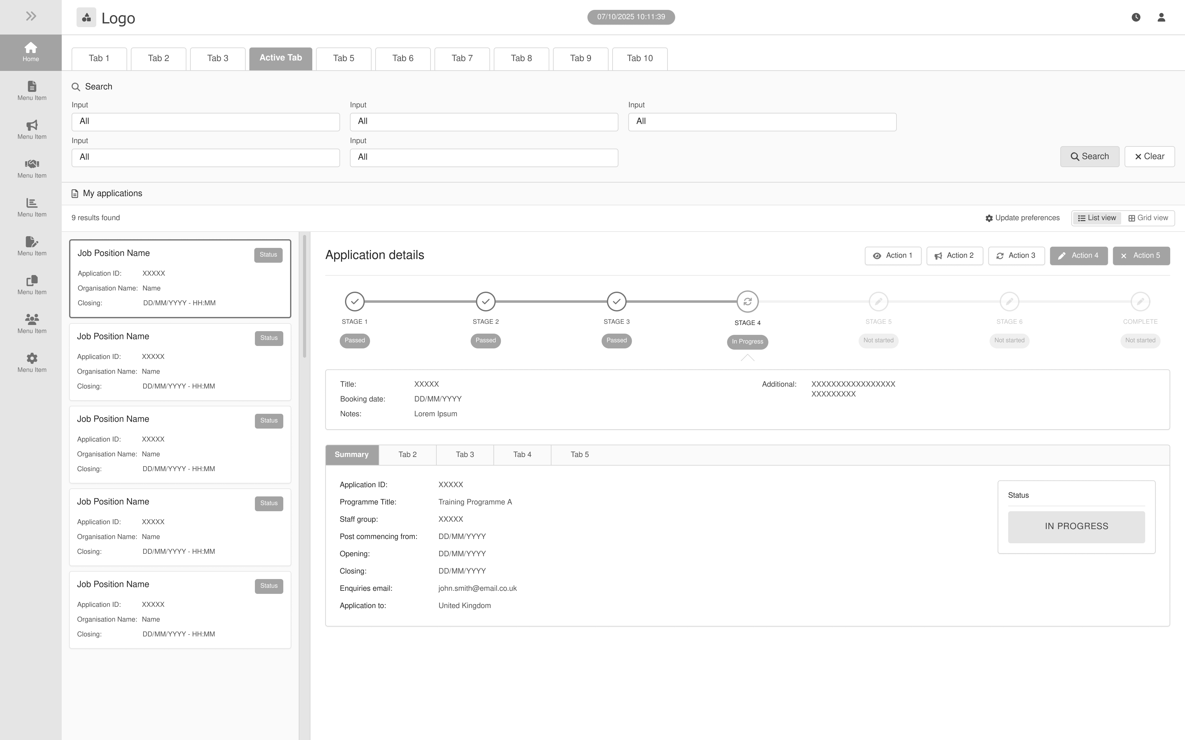 User interface of job application tracker showing search filters, application list, and detailed status progress.